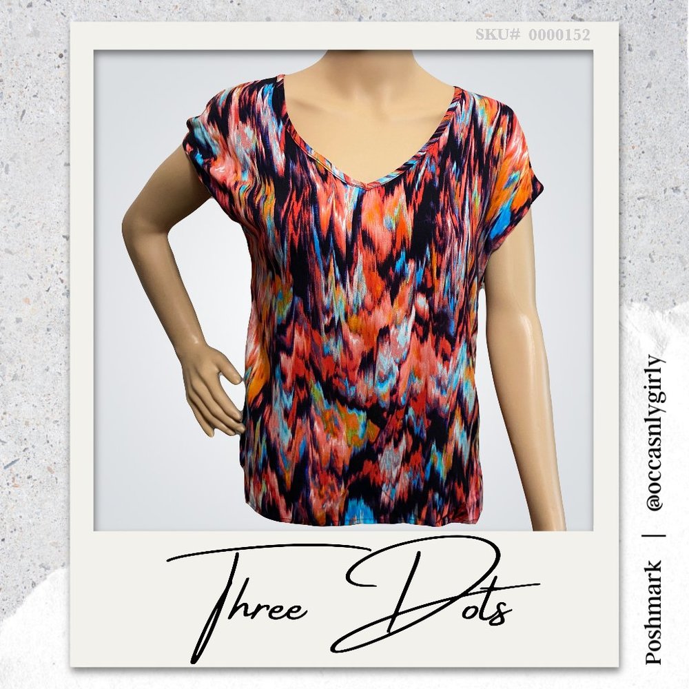 Three Dots Abstract Paint Swirl Cap Sleeve Blouse